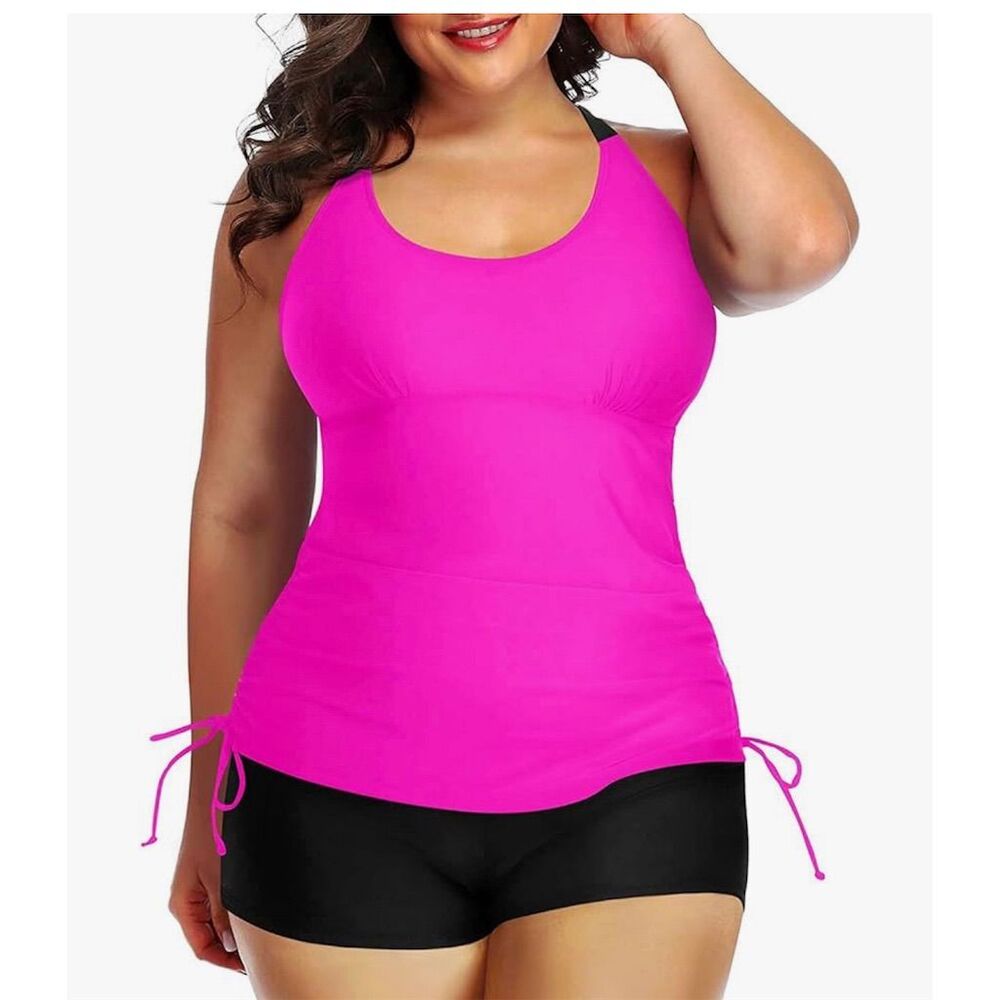 Yonique Women's Plus Size Tankini Top & Boyleg Shorts Hot Pink 22W